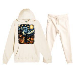 Halloween Van Gogh Starry Night Black Cat Pumpkins Premium Hooded Sweatsuit Set