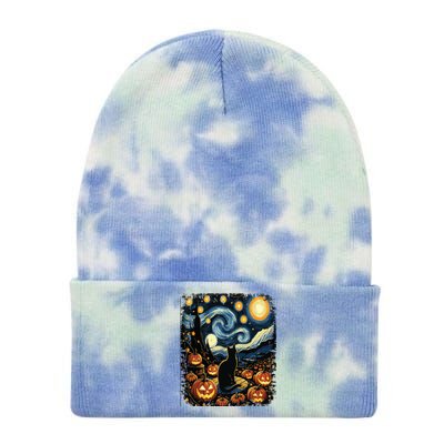 Halloween Van Gogh Starry Night Black Cat Pumpkins Tie Dye 12in Knit Beanie