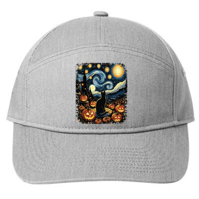 Halloween Van Gogh Starry Night Black Cat Pumpkins 7-Panel Snapback Hat