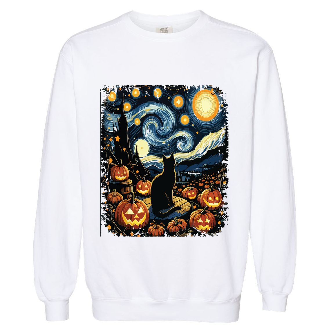 Halloween Van Gogh Starry Night Black Cat Pumpkins Garment-Dyed Sweatshirt