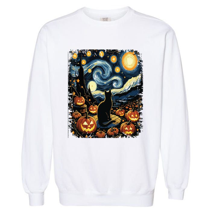 Halloween Van Gogh Starry Night Black Cat Pumpkins Garment-Dyed Sweatshirt