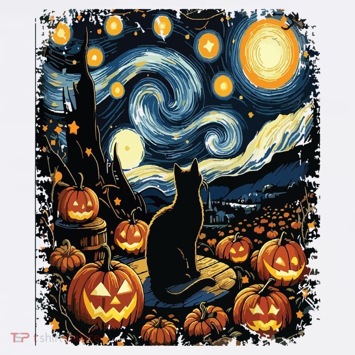 Halloween Van Gogh Starry Night Black Cat Pumpkins Garment-Dyed Heavyweight T-Shirt
