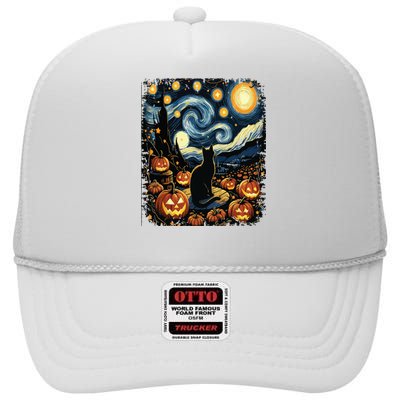 Halloween Van Gogh Starry Night Black Cat Pumpkins High Crown Mesh Back Trucker Hat