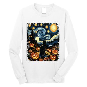 Halloween Van Gogh Starry Night Black Cat Pumpkins Long Sleeve Shirt