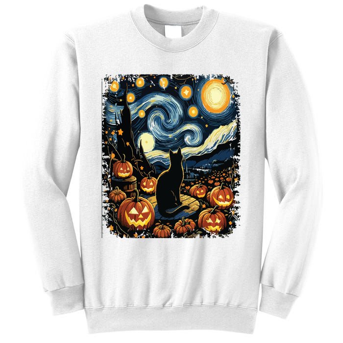 Halloween Van Gogh Starry Night Black Cat Pumpkins Sweatshirt