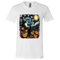 Halloween Van Gogh Starry Night Black Cat Pumpkins V-Neck T-Shirt