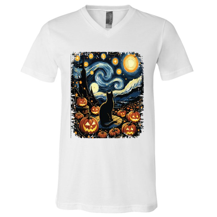 Halloween Van Gogh Starry Night Black Cat Pumpkins V-Neck T-Shirt