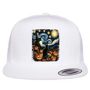 Halloween Van Gogh Starry Night Black Cat Pumpkins Flat Bill Trucker Hat