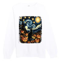 Halloween Van Gogh Starry Night Black Cat Pumpkins Premium Crewneck Sweatshirt