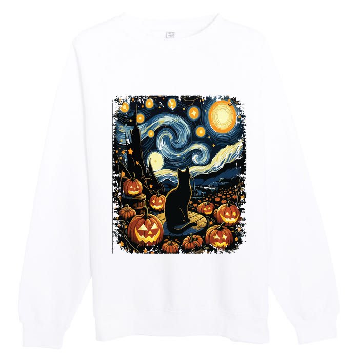 Halloween Van Gogh Starry Night Black Cat Pumpkins Premium Crewneck Sweatshirt