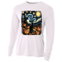 Halloween Van Gogh Starry Night Black Cat Pumpkins Cooling Performance Long Sleeve Crew