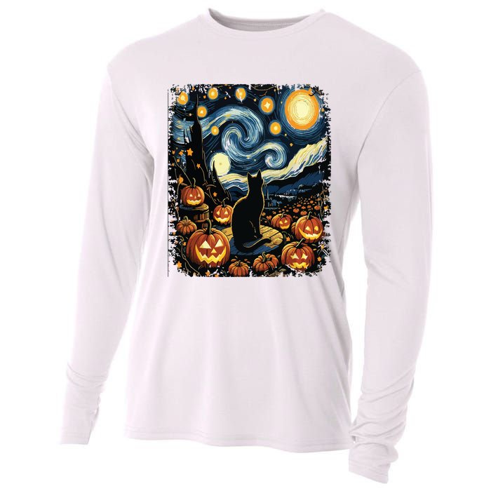 Halloween Van Gogh Starry Night Black Cat Pumpkins Cooling Performance Long Sleeve Crew