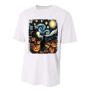 Halloween Van Gogh Starry Night Black Cat Pumpkins Performance Sprint T-Shirt