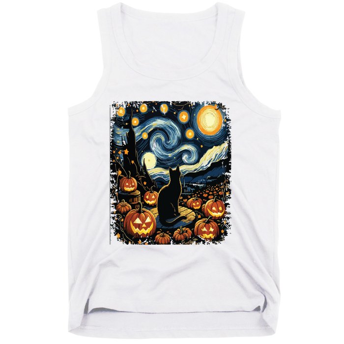 Halloween Van Gogh Starry Night Black Cat Pumpkins Tank Top