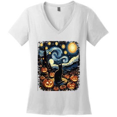 Halloween Van Gogh Starry Night Black Cat Pumpkins Women's V-Neck T-Shirt