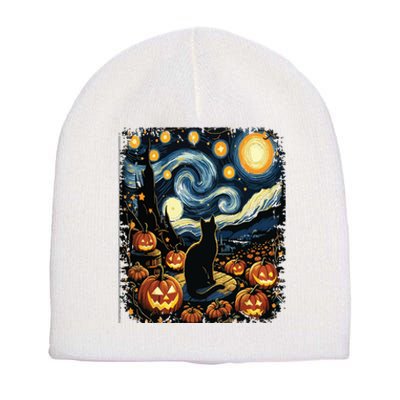 Halloween Van Gogh Starry Night Black Cat Pumpkins Short Acrylic Beanie