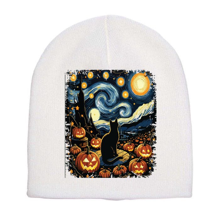 Halloween Van Gogh Starry Night Black Cat Pumpkins Short Acrylic Beanie