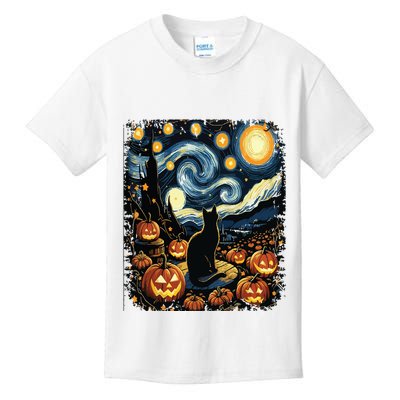 Halloween Van Gogh Starry Night Black Cat Pumpkins Kids T-Shirt