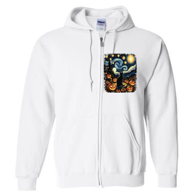 Halloween Van Gogh Starry Night Black Cat Pumpkins Full Zip Hoodie