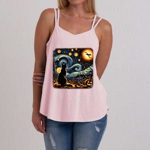 Halloween Van Gogh Starry Night Black Cat Pumpkins Bats Women's Strappy Tank