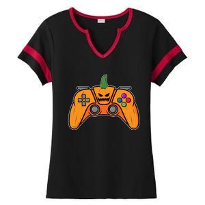 Halloween Video Game Controller With Pumpkin Face Gaming Funny Gift Ladies Halftime Notch Neck Tee