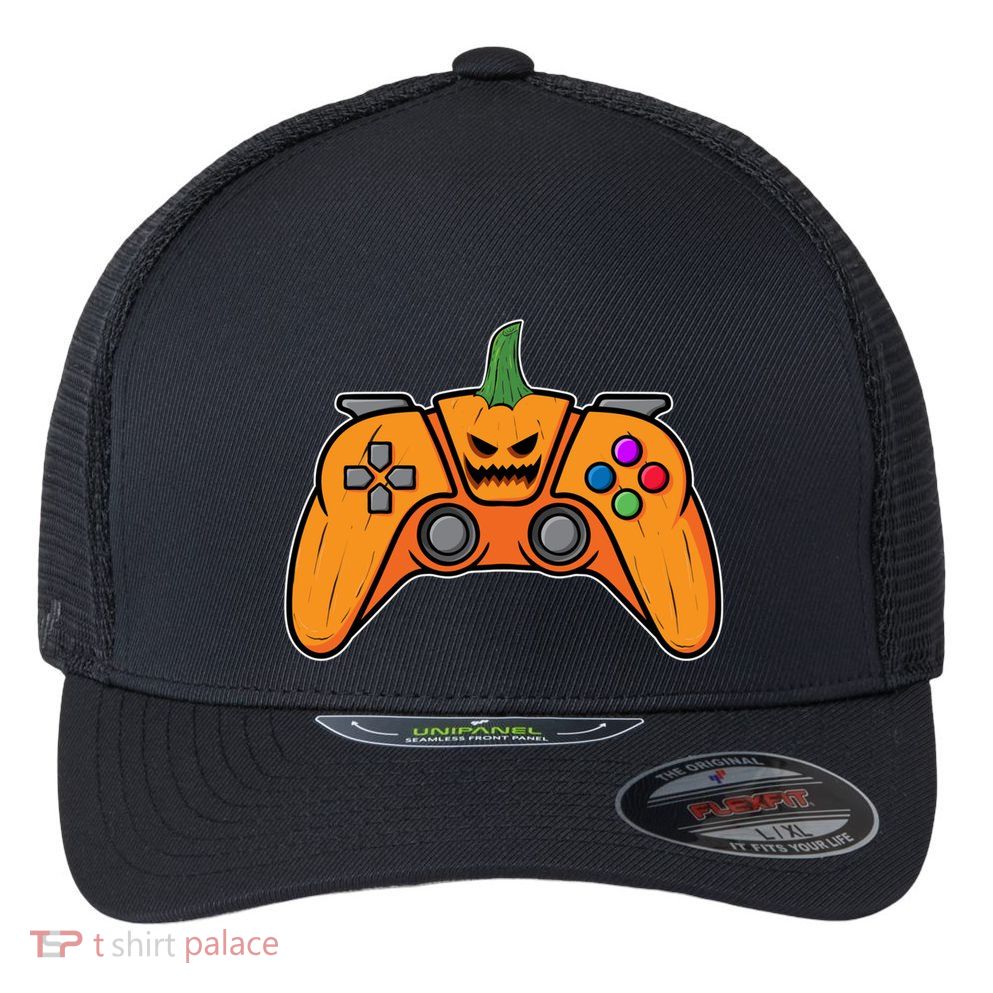 Halloween Video Game Controller With Pumpkin Face Gaming Funny Gift Flexfit Unipanel Trucker Cap
