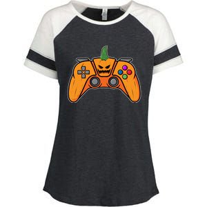 Halloween Video Game Controller With Pumpkin Face Gaming Funny Gift Enza Ladies Jersey Colorblock Tee