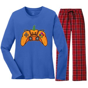 Halloween Video Game Controller With Pumpkin Face Gaming Funny Gift Women's Long Sleeve Flannel Pajama Set 