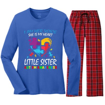 Her Voice My Heart Little Sister Autism Awareness Sibling Cool Gift Women's Long Sleeve Flannel Pajama Set 