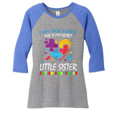 Her Voice My Heart Little Sister Autism Awareness Sibling Cool Gift Women's Tri-Blend 3/4-Sleeve Raglan Shirt