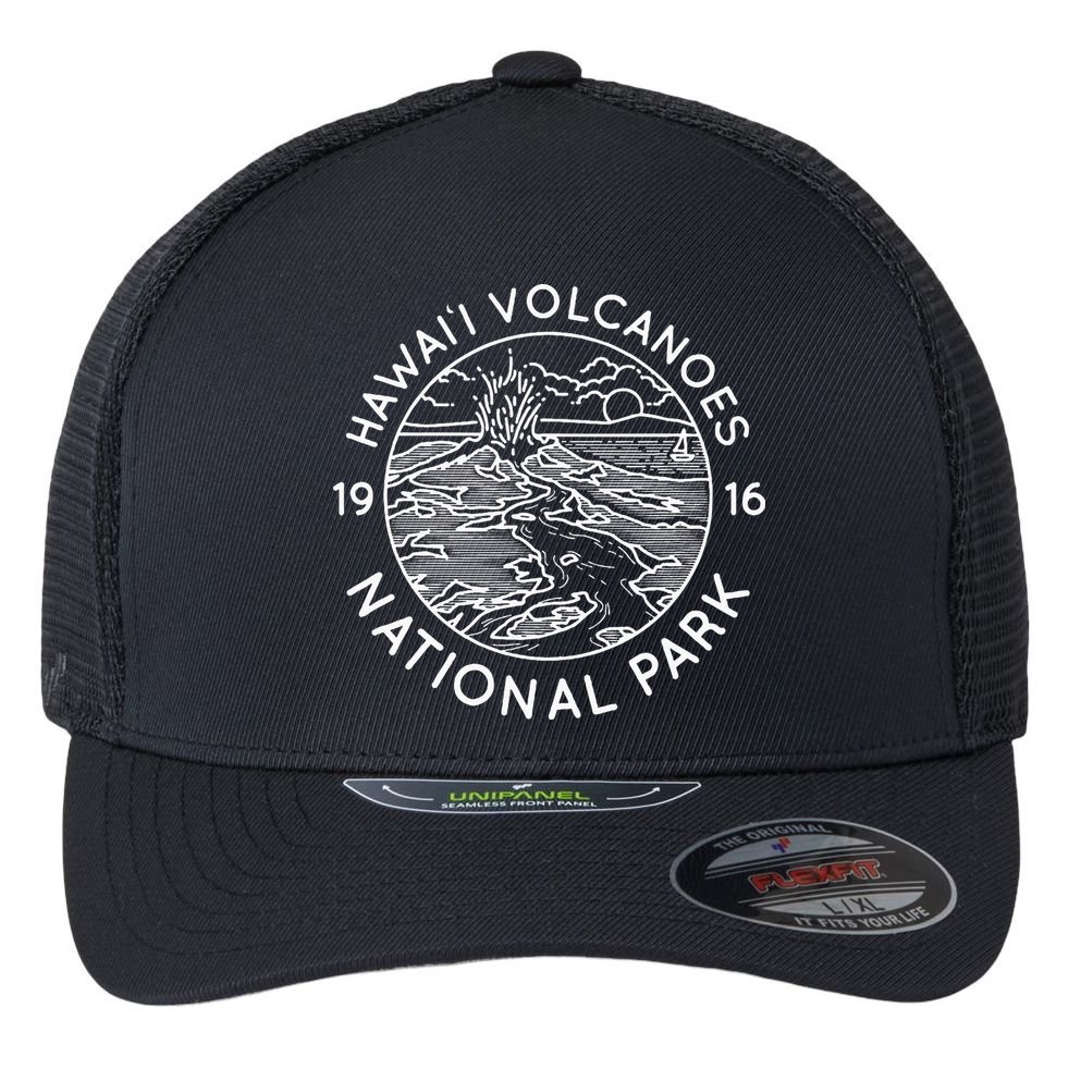 Hawaii Volcanoes National Park Cool White Line Art Outdoor Flexfit Unipanel Trucker Cap