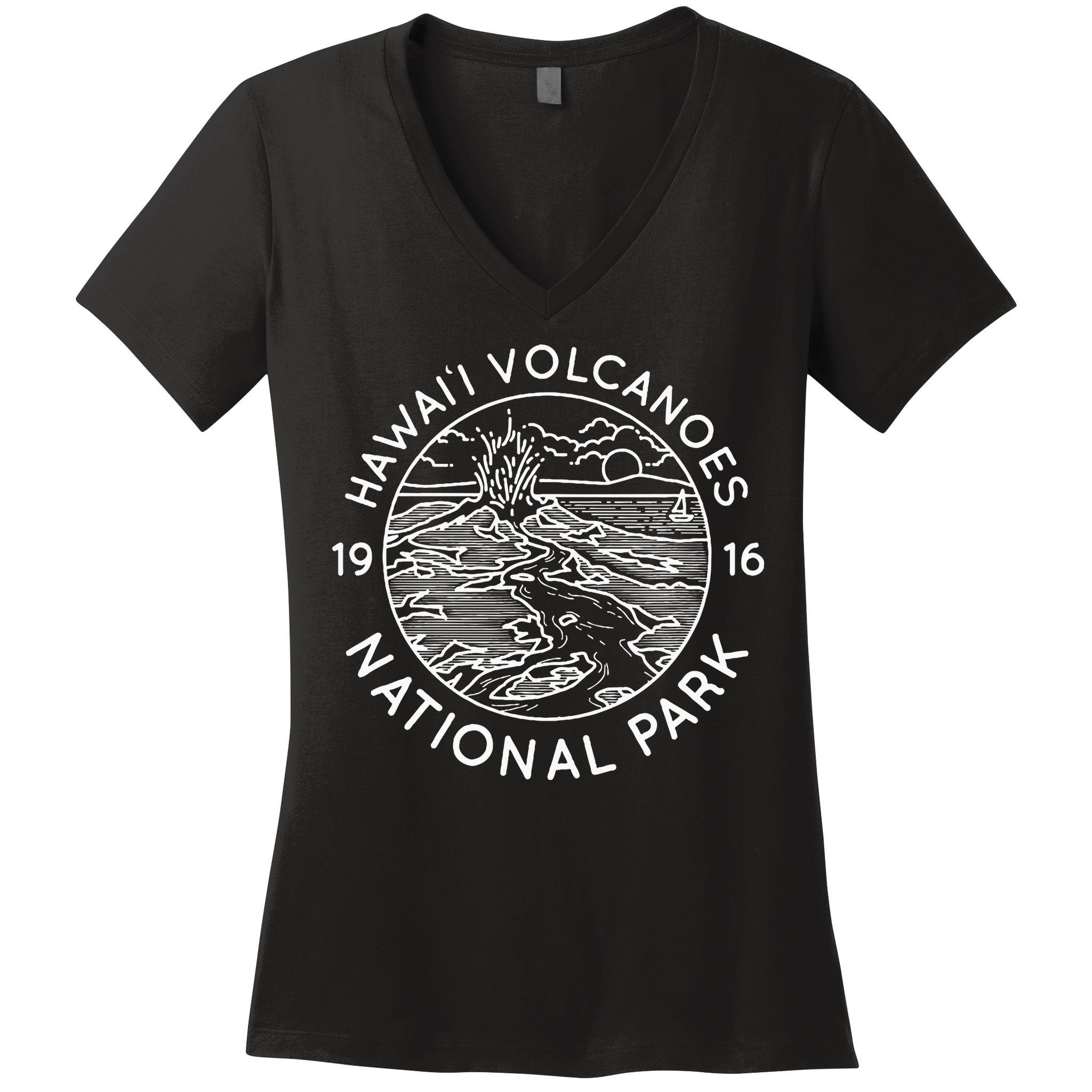 Hawaii Volcanoes National Park Cool White Line Art Outdoor Women's V-Neck T-Shirt