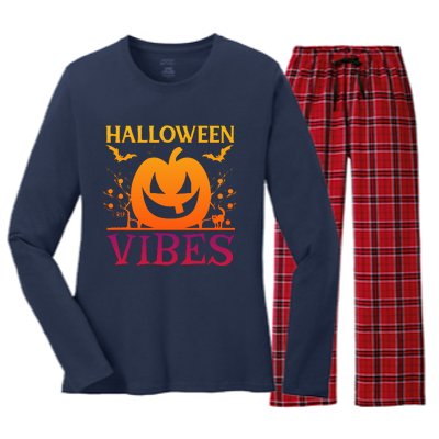 Halloween Vibes Pumpkin Halloween Quote Women's Long Sleeve Flannel Pajama Set 