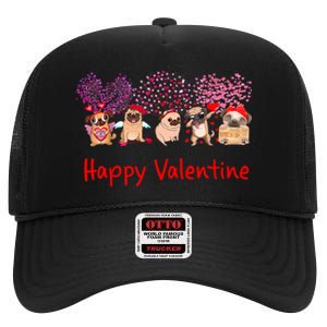 Happy Valentine Pug Dog Pug Dog Heart Tree Lover Pug High Crown Mesh Back Trucker Hat