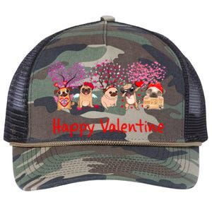 Happy Valentine Pug Dog Pug Dog Heart Tree Lover Pug Retro Rope Trucker Hat Cap