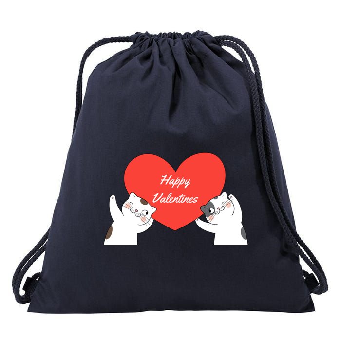 Happy ValentineS Red Heart And Cats Drawstring Bag