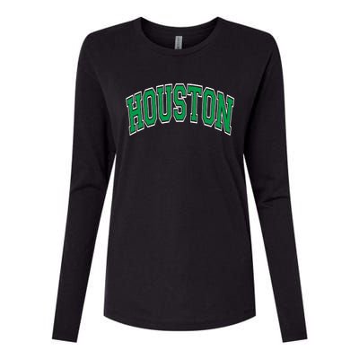 Houston Varsity Text Green With White Outline Womens Cotton Relaxed Long Sleeve T-Shirt