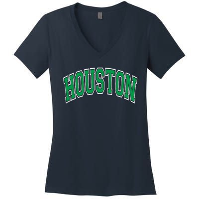 Houston Varsity Text Green With White Outline Women's V-Neck T-Shirt