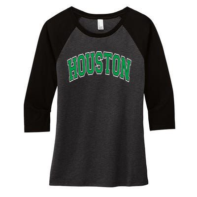 Houston Varsity Text Green With White Outline Women's Tri-Blend 3/4-Sleeve Raglan Shirt