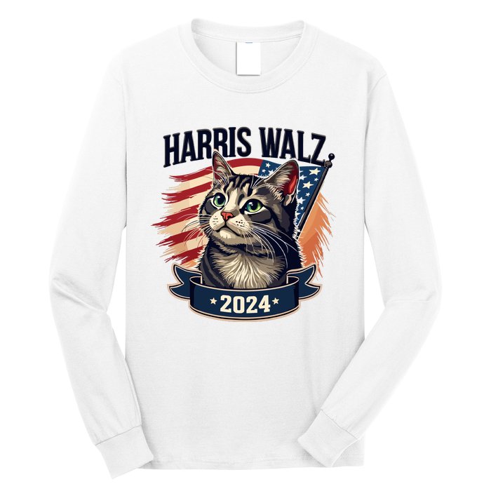 Harris Walz 2024 Funny Cat Kamala Harris Tim Walz Waltz Long Sleeve Shirt