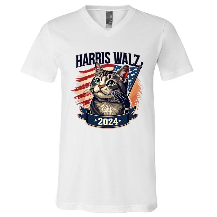 Harris Walz 2024 Funny Cat Kamala Harris Tim Walz Waltz V-Neck T-Shirt