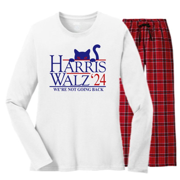 Harris Waltz 2024 Were Not Going Back Funny Cat Lady Women's Long Sleeve Flannel Pajama Set 