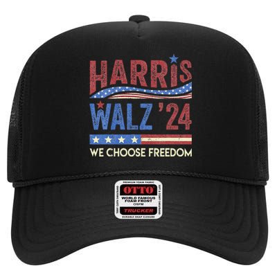 Harris Walz 2024 We Choose Freedom Us Flag Vintage High Crown Mesh Back Trucker Hat