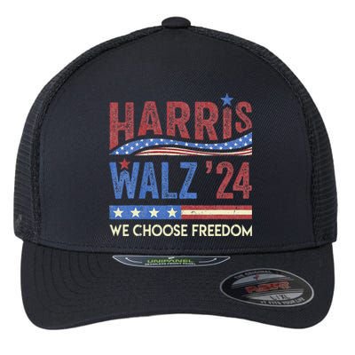 Harris Walz 2024 We Choose Freedom Us Flag Vintage Flexfit Unipanel Trucker Cap