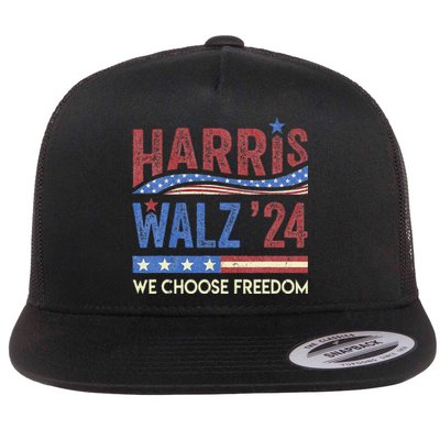 Harris Walz 2024 We Choose Freedom Us Flag Vintage Flat Bill Trucker Hat