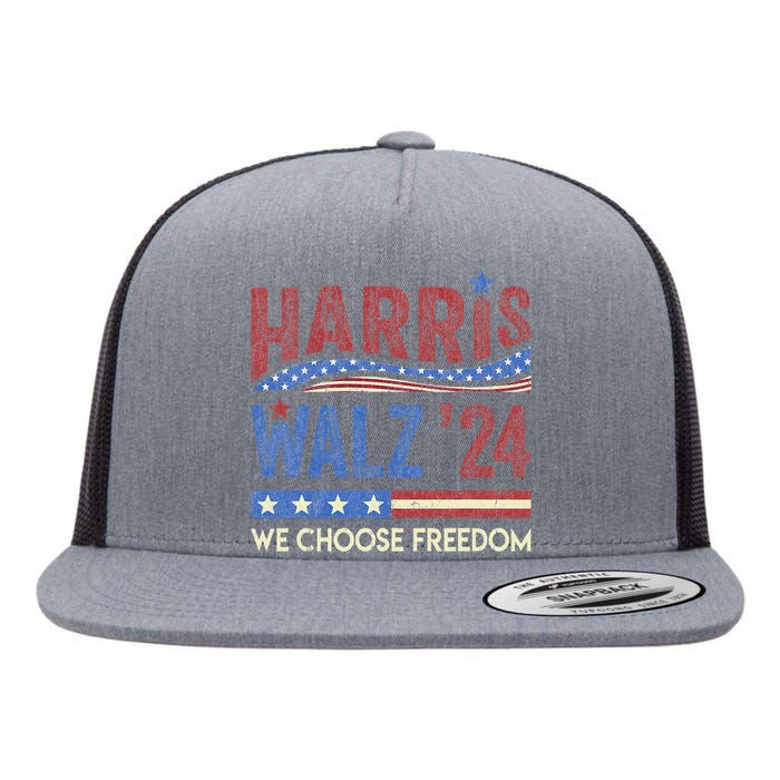 Harris Walz 2024 We Choose Freedom Us Flag Vintage Flat Bill Trucker Hat