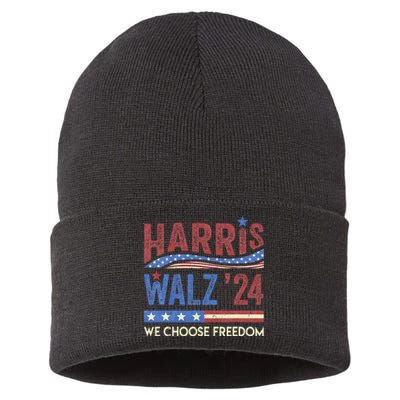 Harris Walz 2024 We Choose Freedom Us Flag Vintage Sustainable Knit Beanie