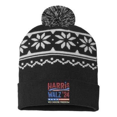 Harris Walz 2024 We Choose Freedom Us Flag Vintage USA-Made Snowflake Beanie