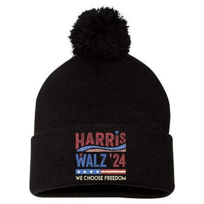 Harris Walz 2024 We Choose Freedom Us Flag Vintage Pom Pom 12in Knit Beanie