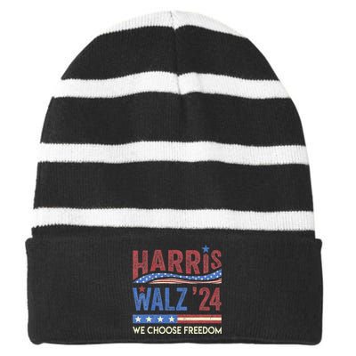 Harris Walz 2024 We Choose Freedom Us Flag Vintage Striped Beanie with Solid Band